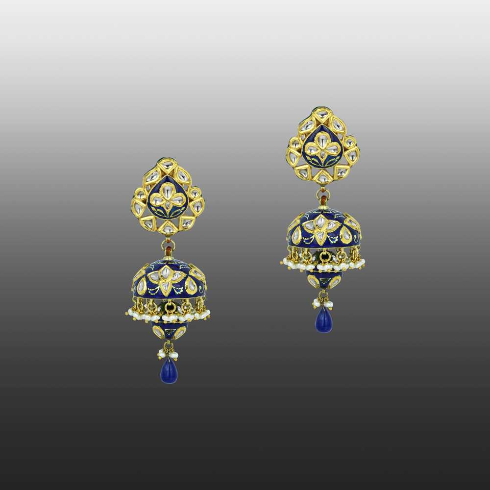 Blue Enamel Polki Jhumkas with Pearl Clusters
